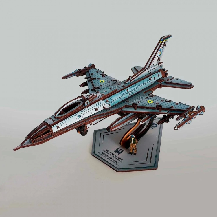 Механічний 3D пазл-конструктор 3DBRT Літак винищувач F-16 Дерев'яний кольоровий 230 деталей (040899)